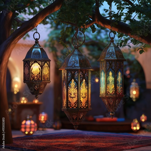 Ornamental lanterns hang from tree branches in beautiful courtyard scene. Ramadan Mubarak holiday ambiance. Decorative lanterns glow with warm light. Traditional Middle Eastern style design. photo