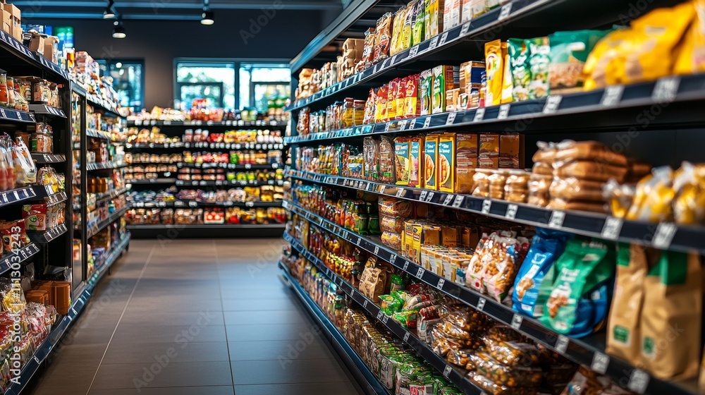 Well-stocked grocery store aisle with diverse food products Well-stocked grocery store aisle with diverse food products