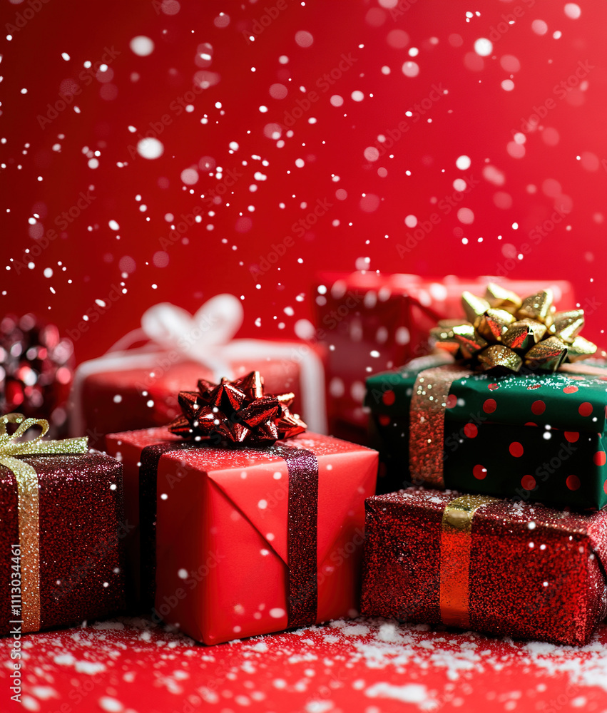 Stack of Christmas presents with ribbons on red background Stack of Christmas presents with ribbons on red background