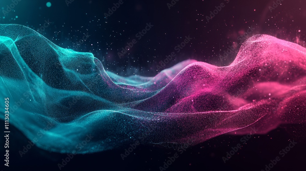 A radiant particle wave with a fluid gradient from teal to magenta, floating on a dark, tech-inspired background A radiant particle wave with a fluid gradient from teal to magenta, floating on a dark, tech-inspired background