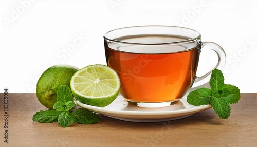 tea cup with fresh mint and lime isolated