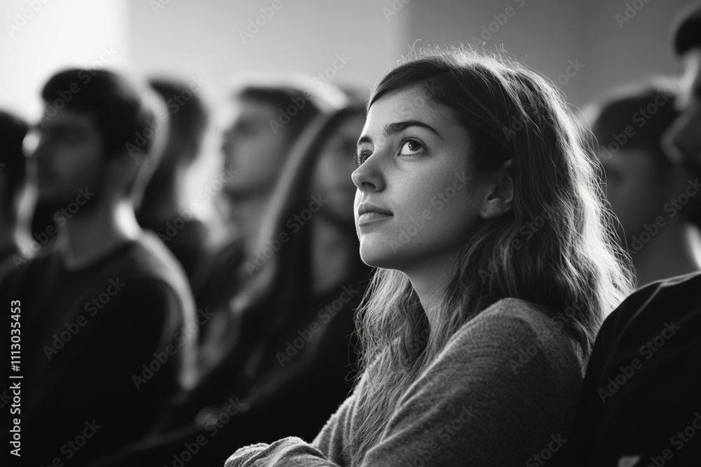 An audience of students or employees attending a conference in a meeting room. An audience of students or employees attending a conference in a meeting room.