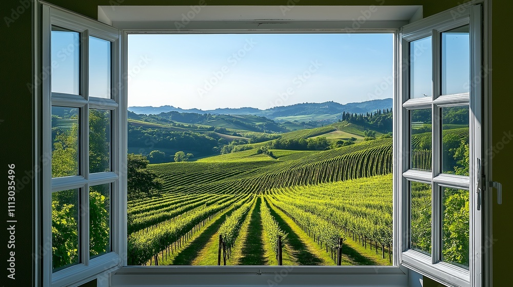 Fototapeta premium View from window at a wonderful landscape nature view with southern landscape with cypress trees and sun-drenched fields