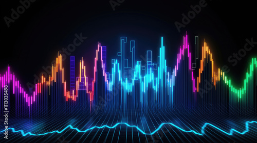 vibrant collage of financial elements including colorful graphs, charts, and data visualizations representing market trends and analysis