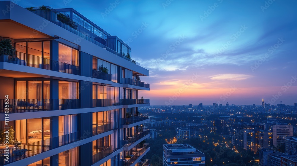 Modern building at sunset with city skyline in the background. Modern building at sunset with city skyline in the background.