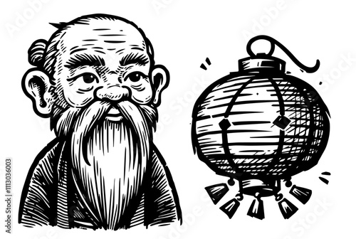 samurai portrait illustration in engraving style – black vector