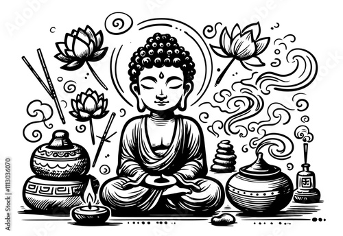 detailed buddhist illustration of buddha and lotus black vector graphic