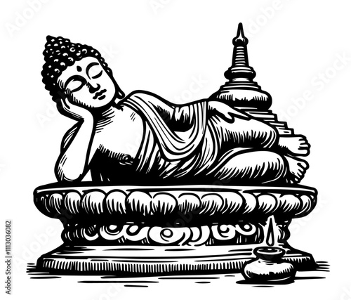 traditional buddhist reclining pose detailed in black vector design