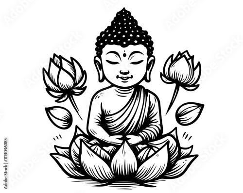 meditating buddha with lotus flowers hand-drawn black vector illustration