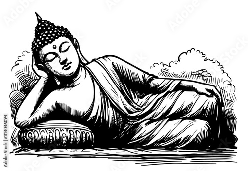 traditional buddhist reclining pose detailed in black vector design
