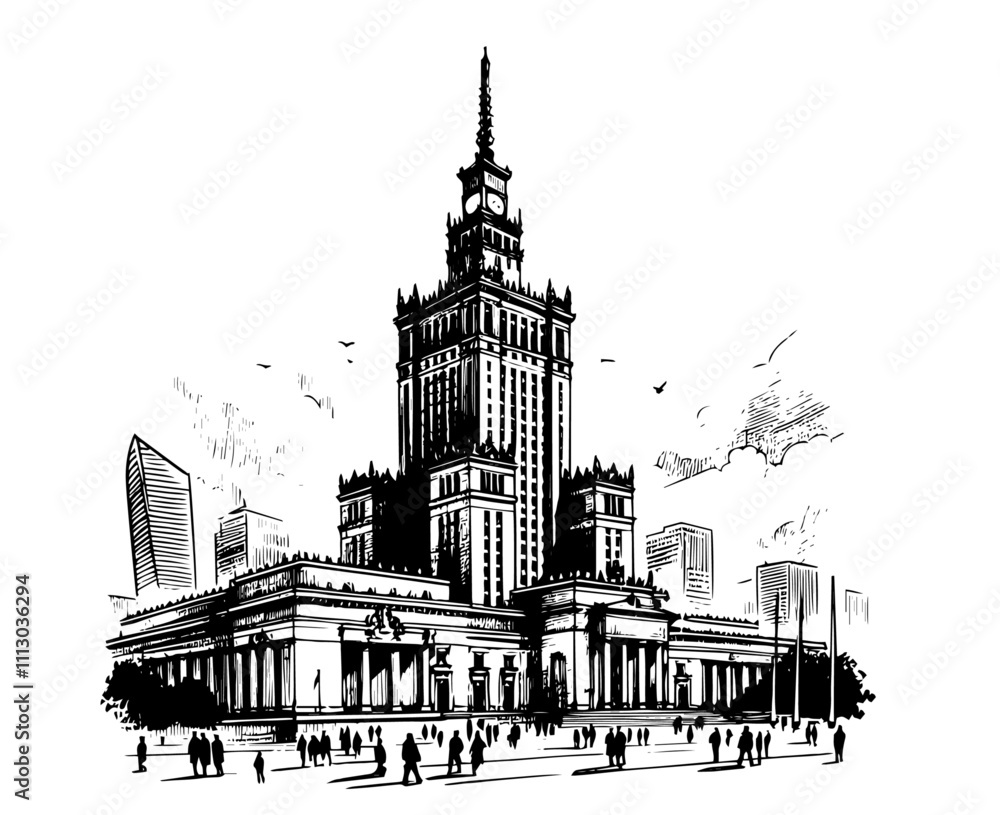 Fototapeta premium palace of culture and science in hand-drawn black vector illustration