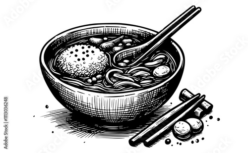 traditional asian noodle bowl in monochrome black vector art