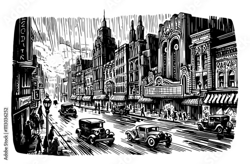 black and white illustration of a retro urban street