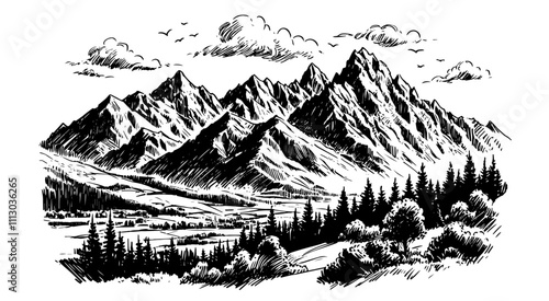 artistic sketch of a scenic mountain range – black vector
