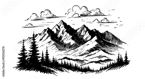 artistic sketch of a scenic mountain range – black vector