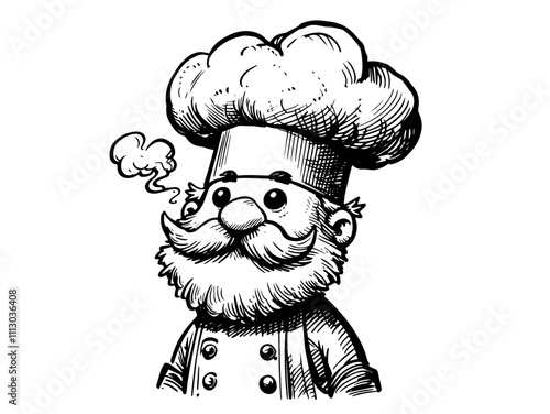 cheerful chef with mustache and hat in hand-drawn black vector illustration