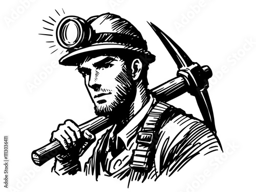 miner with helmet and headlamp in hand-drawn black vector illustration