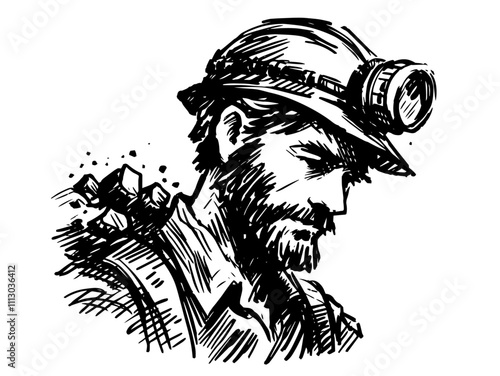 miner with helmet and headlamp in hand-drawn black vector illustration
