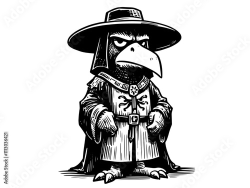 black and white illustration of a bird character in plague doctor outfit