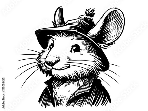 fierce rat warrior portrait with sharp features and gothic clothing in monochrome style