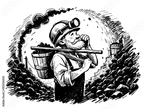 hand-drawn coal worker carrying tools and a basket of coal in monochrome art
