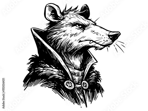 fierce rat warrior portrait with sharp features and gothic clothing in monochrome style