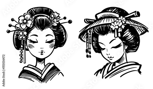 vintage sketch of geisha faces in traditional kimono and accessories