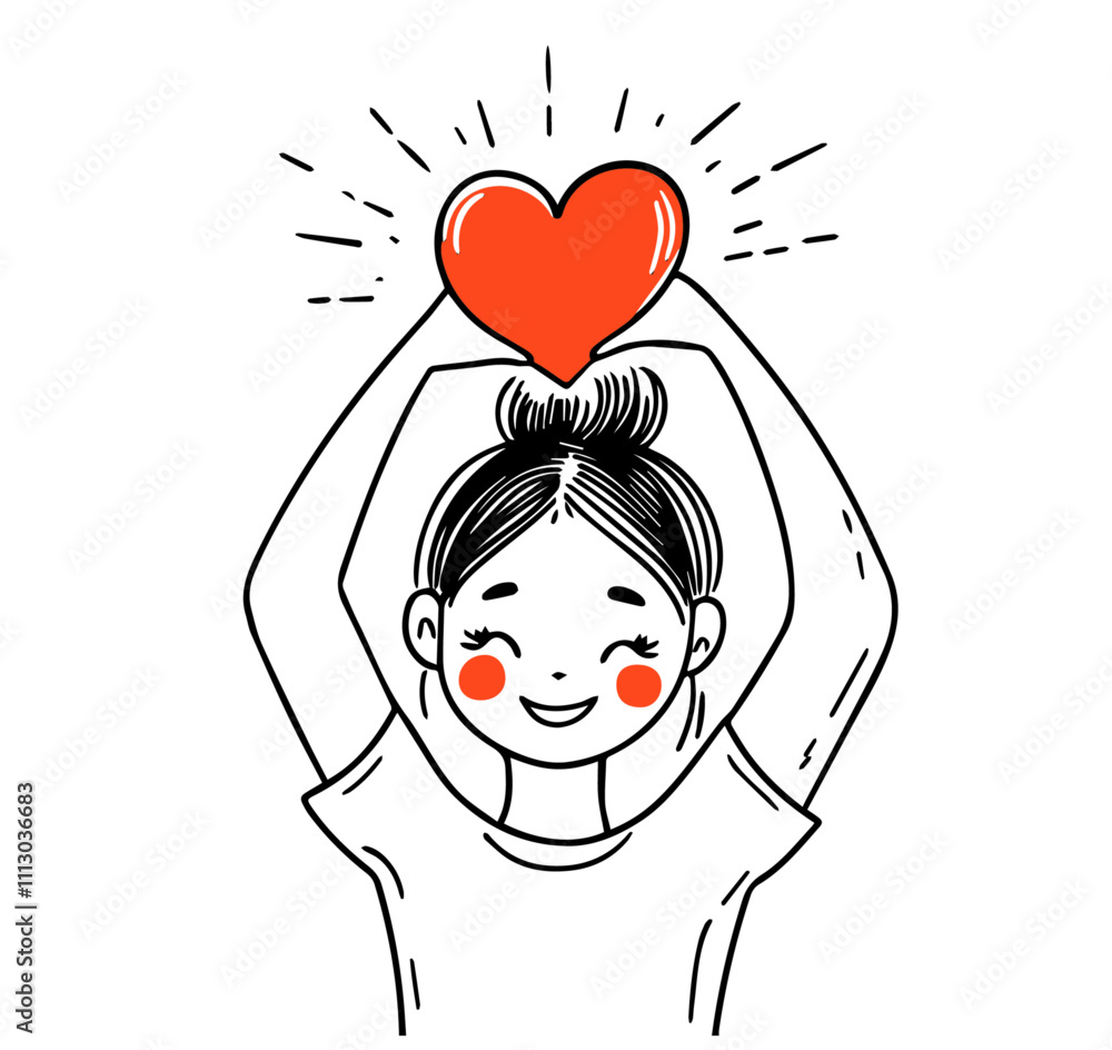 cheerful young woman with love heart in minimalist sketch style vector cheerful young woman with love heart in minimalist sketch style vector