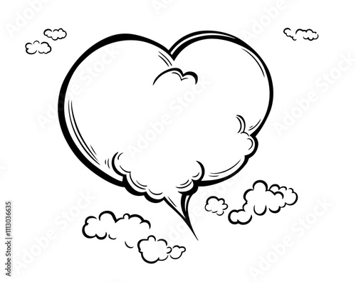 hand-drawn heart surrounded by fluffy clouds – black vector