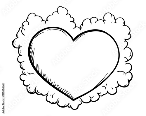 hand-drawn heart surrounded by fluffy clouds – black vector