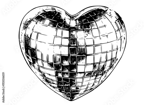 mirrored heart with disco ball pattern in monochrome black vector design
