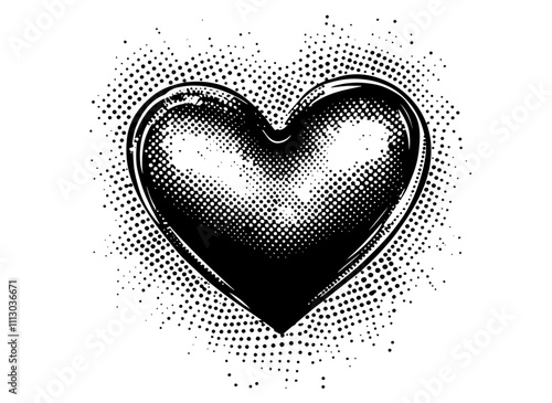 black and white vintage halftone heart illustration with shading