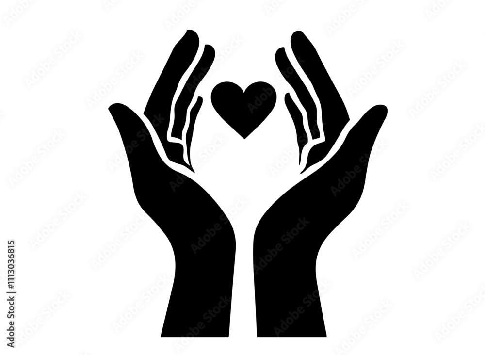 black and white icon of hands cradling a heart for support black and white icon of hands cradling a heart for support