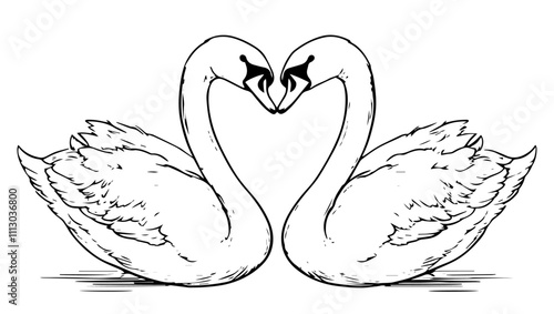 two swans forming a heart in elegant hand-drawn black vector illustration