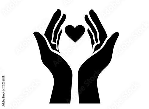 black and white icon of hands cradling a heart for support