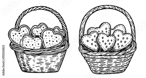 vintage-inspired heart cookie baskets in linocut-style illustration