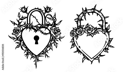 intricate romantic padlock designs with floral details black vector art