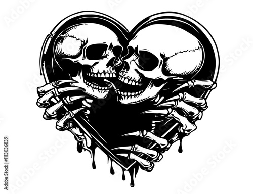 gothic skulls embracing in a heart design black vector illustration