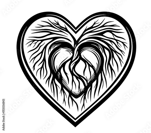 hand-drawn heart-shaped tree roots in monochrome graphic style