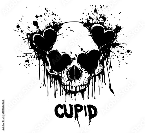 grunge skull with heart eyes and cupid text in black and white design
