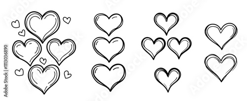 romantic hand-drawn heart patterns in black vector art