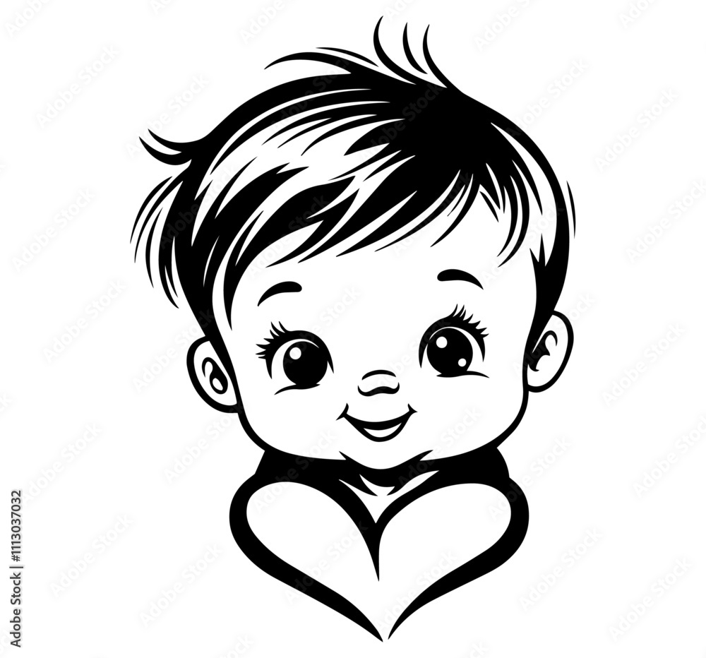 happy child holding a heart in hand-drawn black vector illustration happy child holding a heart in hand-drawn black vector illustration