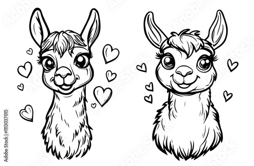 adorable llama face illustrations with whimsical hearts – black vector collection