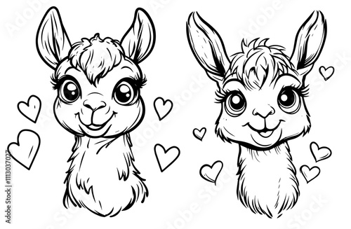 set of cute llama portraits with heart accents – black vector