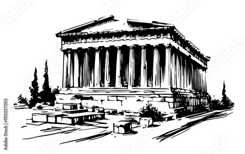 black and white art of the Temple of Hephaestus in Athens