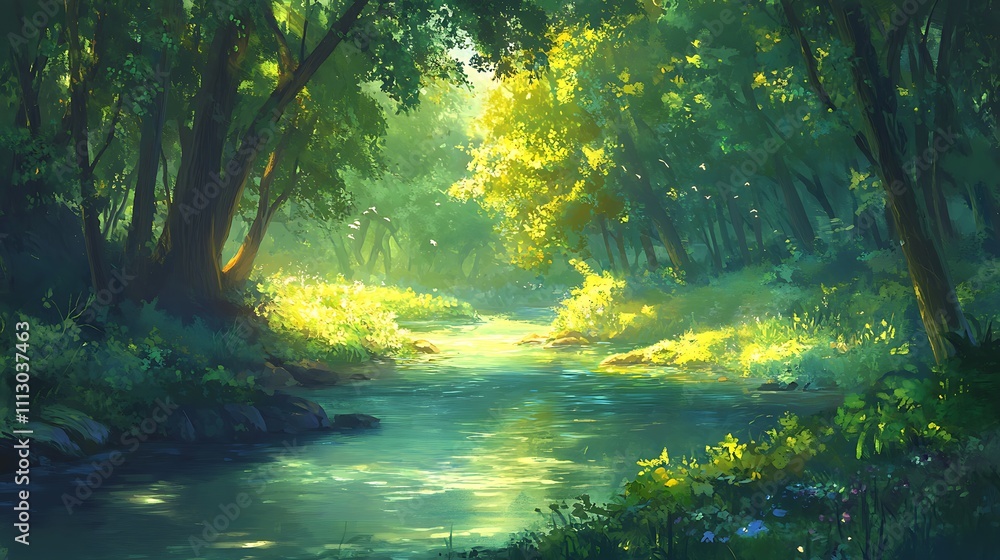 Obraz premium Serene Forest River Scene Sunlight Filtering Through Leaves