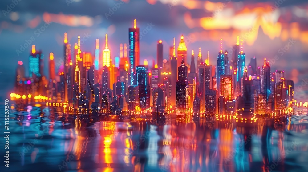 Futuristic city skyline at sunset, reflected in water. Futuristic city skyline at sunset, reflected in water.