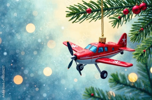 Red plane as ornament bauble hanging on Christmas tree. Greeting card for aviation industry and pilots. Toy shop concept