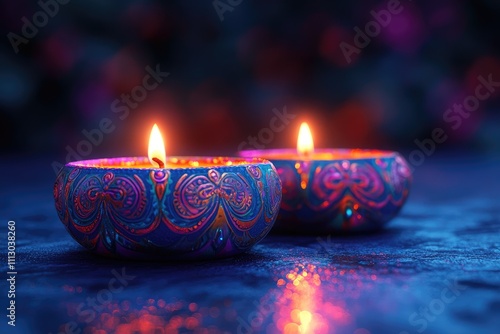 Two burning colorful diwali candles lighting the darkness