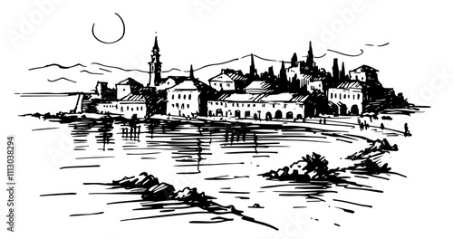 hand-drawn seaside cityscape with historic buildings in monochrome